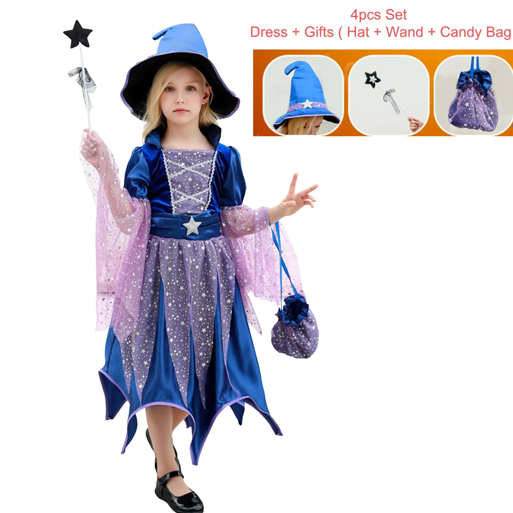 4pcs Halloween costume Witch Dress+Hat+Wand+Bag Girls Wizard Costume Set Witch Princess Carnival Masquerade - product image 6