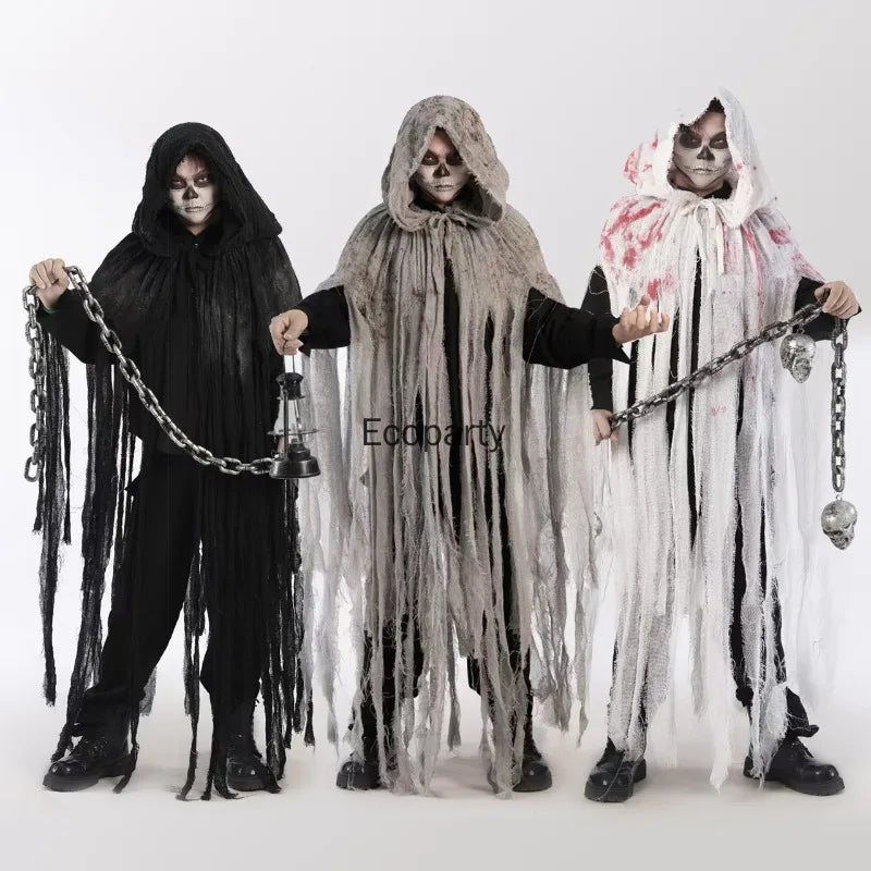 Adult Halloween Ghost Dementors Costume Horror Dilapidated Tassels Zombie Hooded Cape Day - black / One Size
