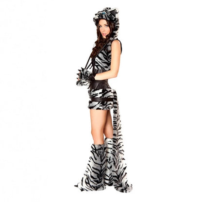 Sexy Women Costume Striped Plush Leopard Animal Shawl Tiger Game Cosplay Clothing Christmas Halloween Party Dress