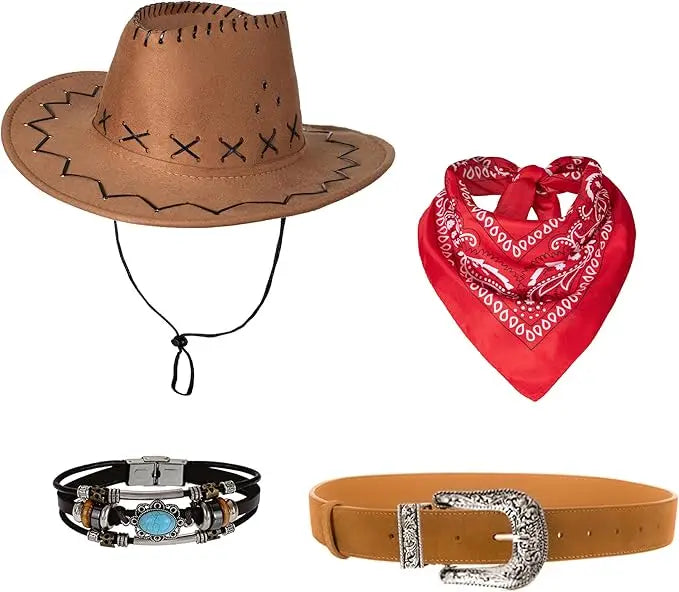 Women Men Cowgirl Costume Western Vest Hat Belt Bandana Set for Cowboy Tassels