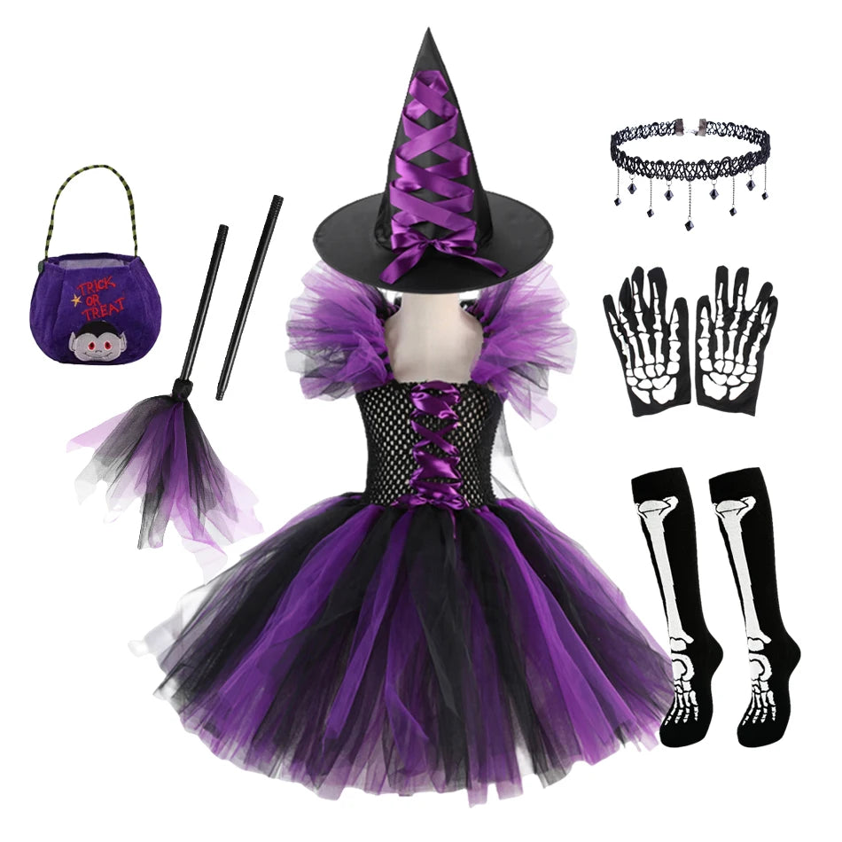 Girl Witch Halloween Disguise Costume With Hat Broom Dress Up Kids Cosplay Children Vestidos Outfit - product image 7