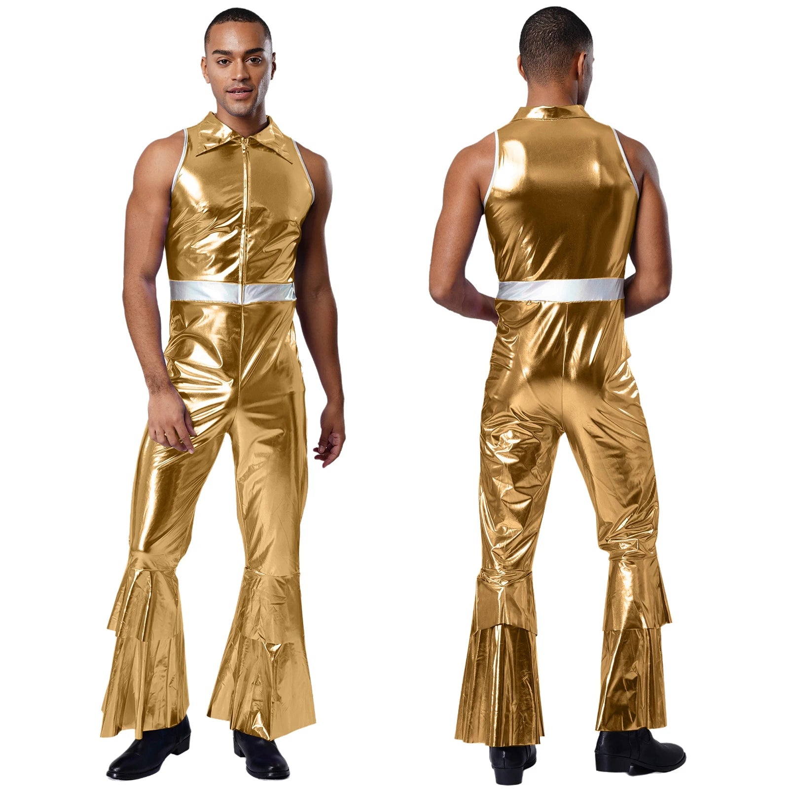 Adult Mens Shiny Metallic 70s Disco Costume Lapel Collar Sleeveless High Waist Flared Jumpsuit Rock Disco - product image 4