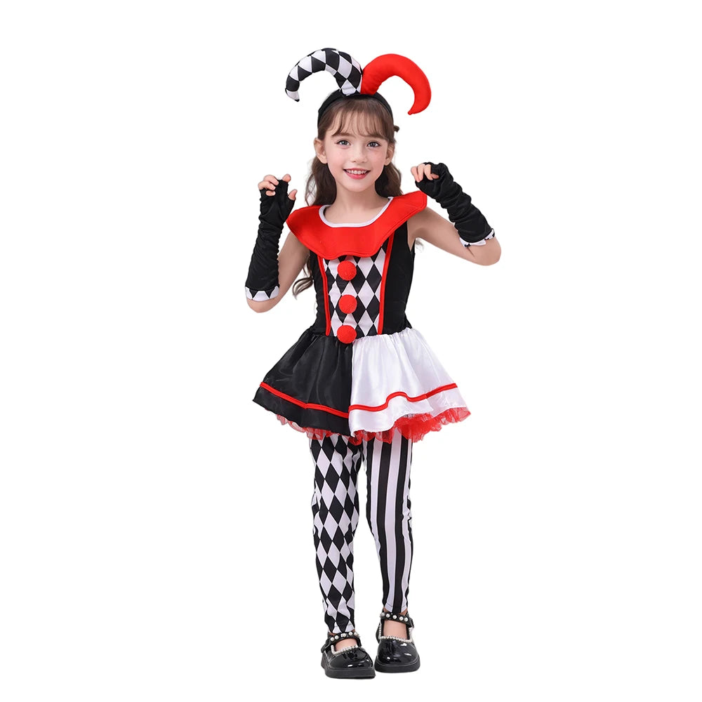 Girls Poker Pattern Jester Clown Costume Dress Outfit Kids Halloween Costume - View 7