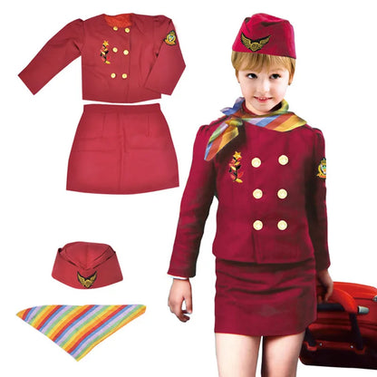 Kids' Stewardess Professional Clothing + Top + Pants + Scarf Hat