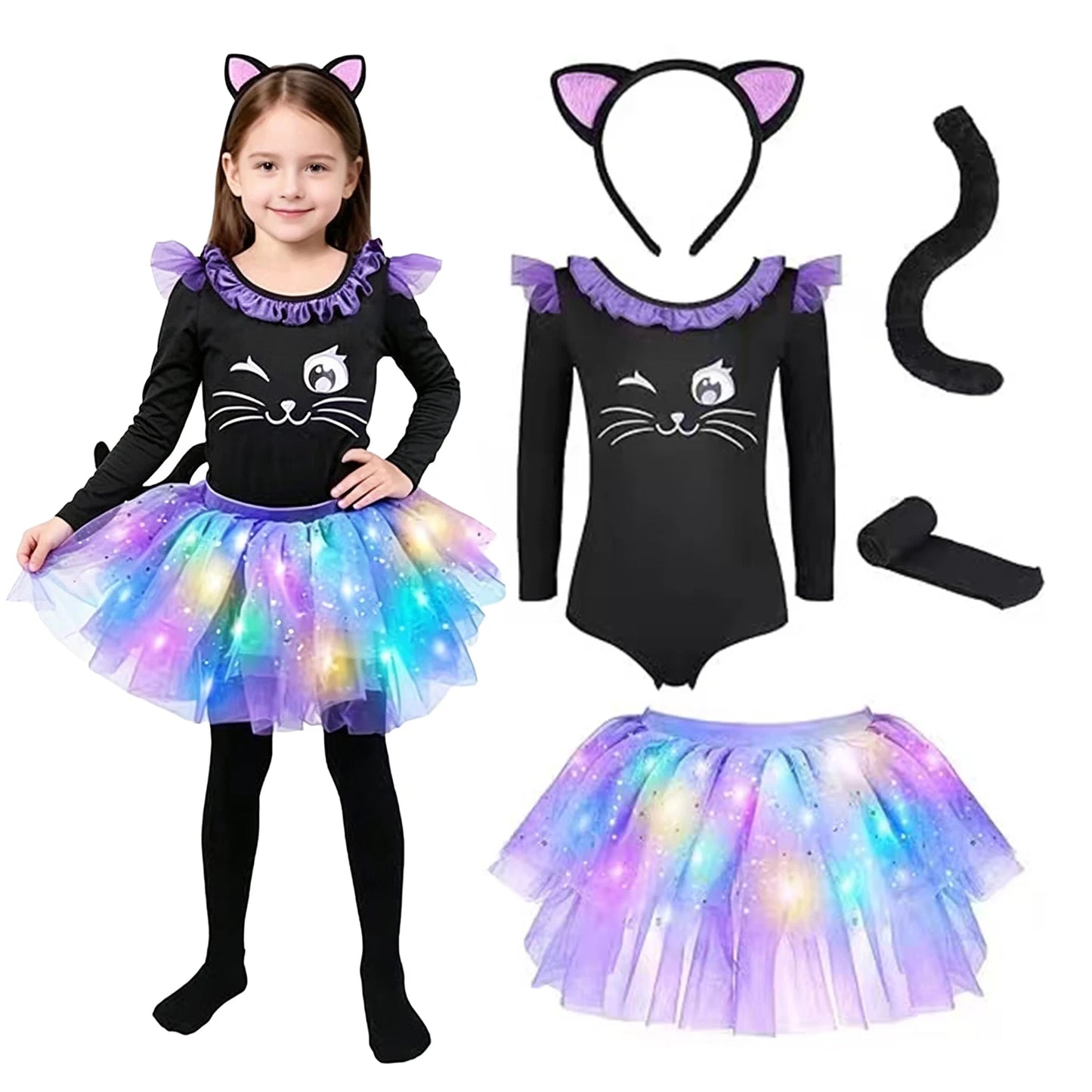 Girls Halloween Costume Sleeve Bodysuit with Mesh Ruffled Layered Tutu Skirt Headwear Faux - White / XL