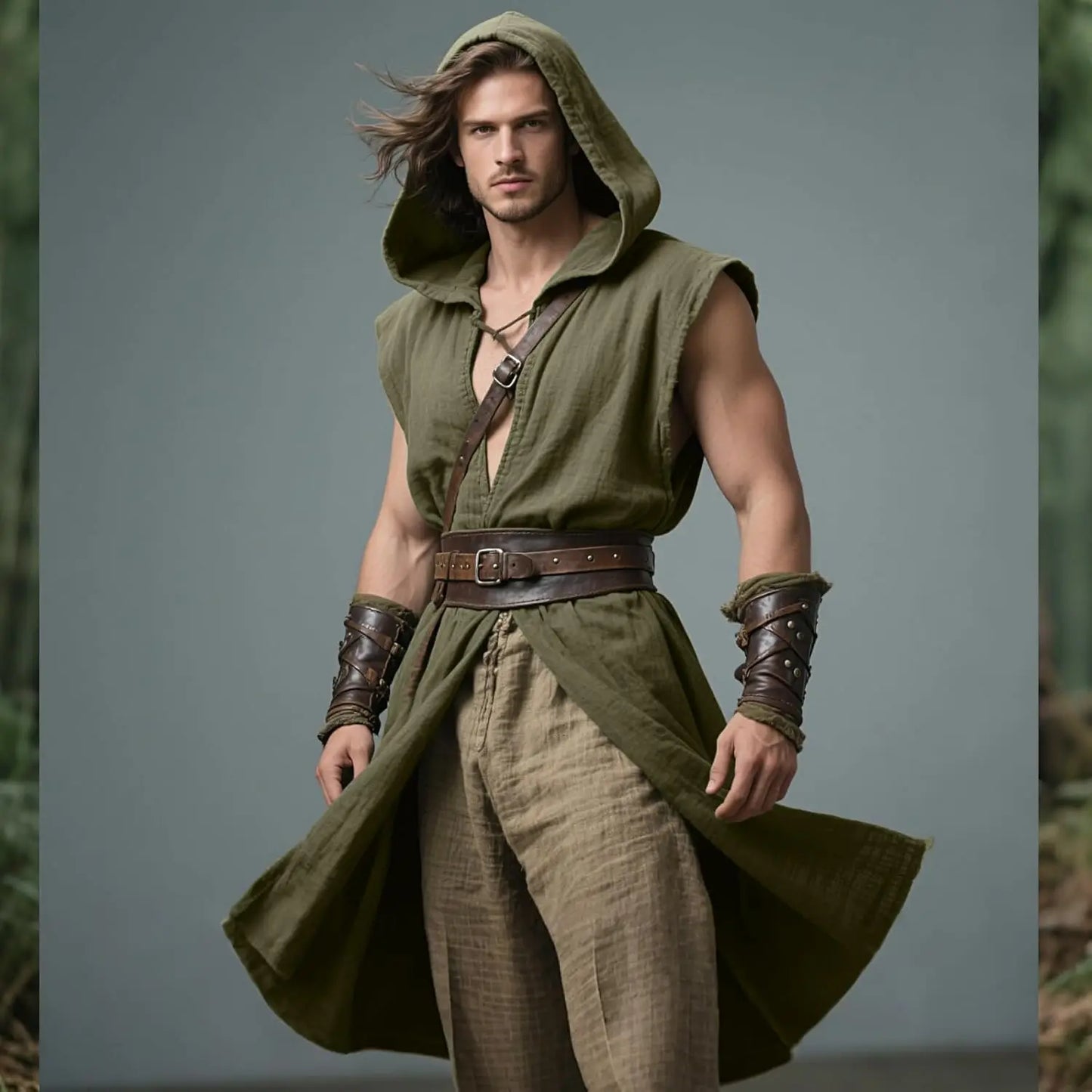 Men's Medieval Hooded Surcoat Renaissance Tabard Sleeveless Tunic Cloak Viking Costume - black / XXXL