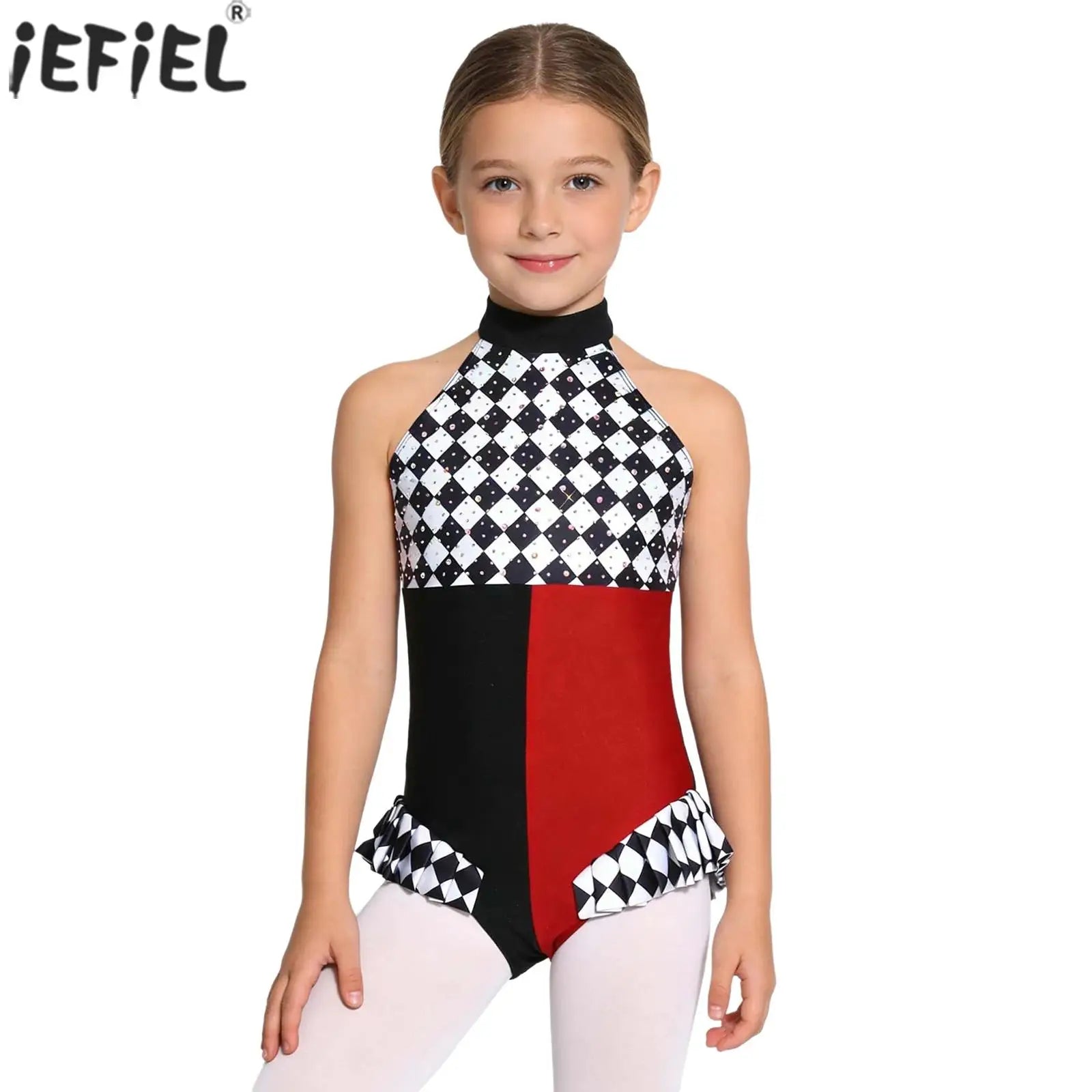 Kids Girls Circus Clown Mad Hat Costume Rhinestones Halter Sleeveless Plaid Jumpsuit - Burgundy A / 8