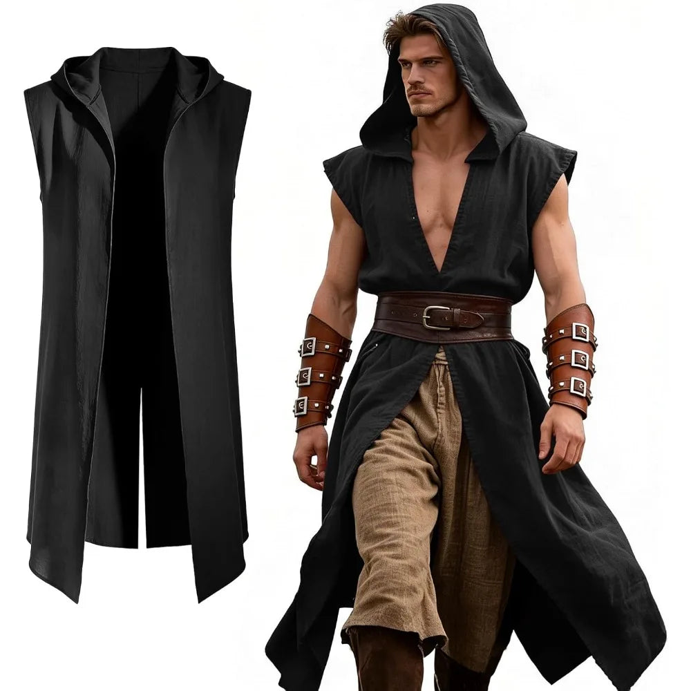 Medieval Costume Men Viking Hooded Sleeveless Surcoat, Mens Renaissance Costume Cloak for Halloween Assassin - product image 1