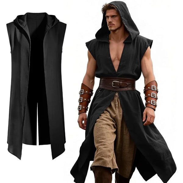 Medieval Costume Men Viking Hooded Sleeveless Surcoat, Mens Renaissance Costume Cloak for Halloween Assassin - product image 1