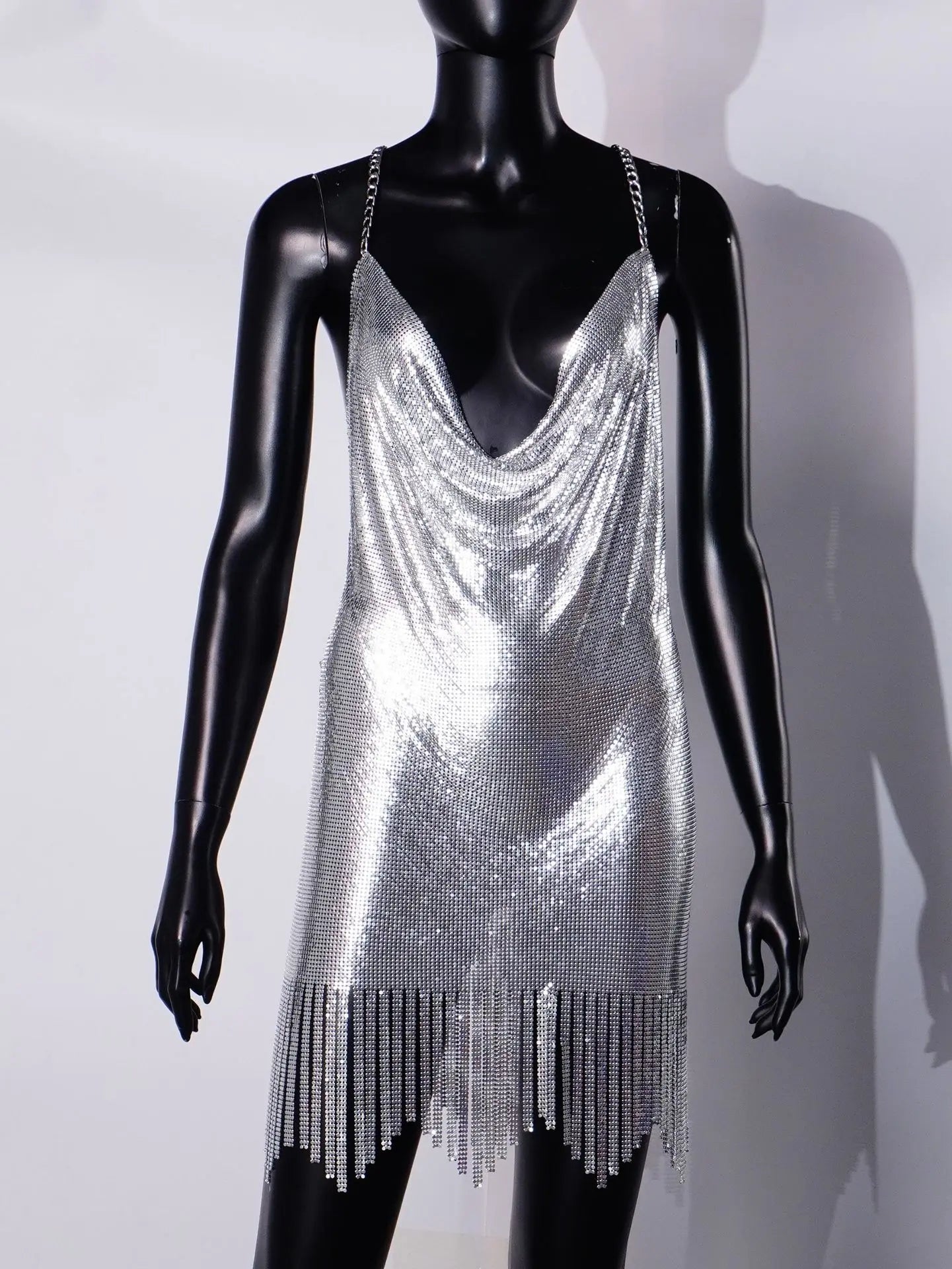 Halloween Women Metal Sequins Dress Sexy Backless Tassel V Neck Sleeveless Mini - product image 8