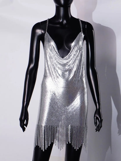 Halloween Women Metal Sequins Dress Sexy Backless Tassel V Neck Sleeveless Mini - product image 8