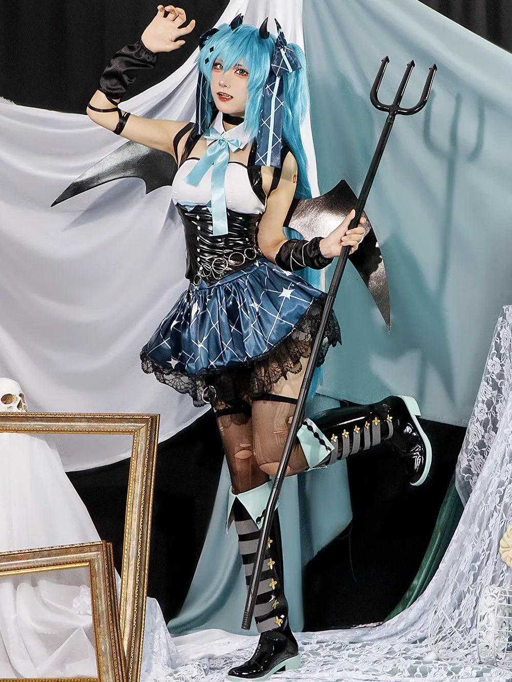 Anime Demon Miku Costume Women Sexy Dress Wings Suit Miku Cute Devil Uniform with Tail - Clothes with wig / XL