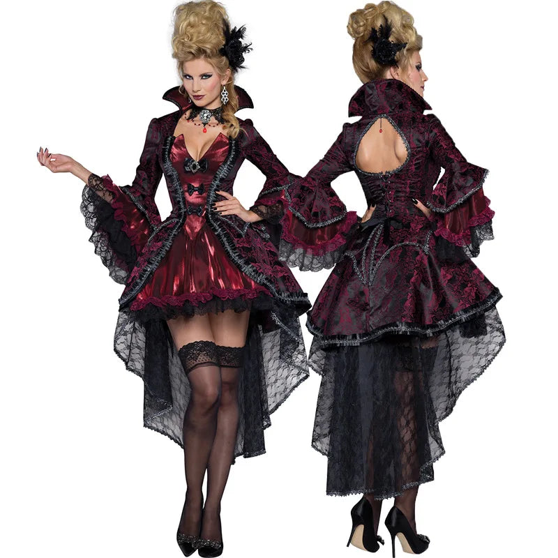 Halloween Costume Vampire Poncho Dress Queen Witch Lace Dress Performance Garment Suit - red / XXL