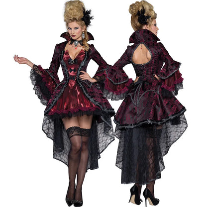 Halloween Costume Vampire Poncho Dress Queen Witch Lace Dress Performance Garment Suit - red / XXL