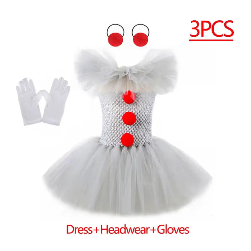 Girls Gray Creepy Clown Costume Handmade Mesh Tutu Dress Kids Halloween Carnival Cosplay