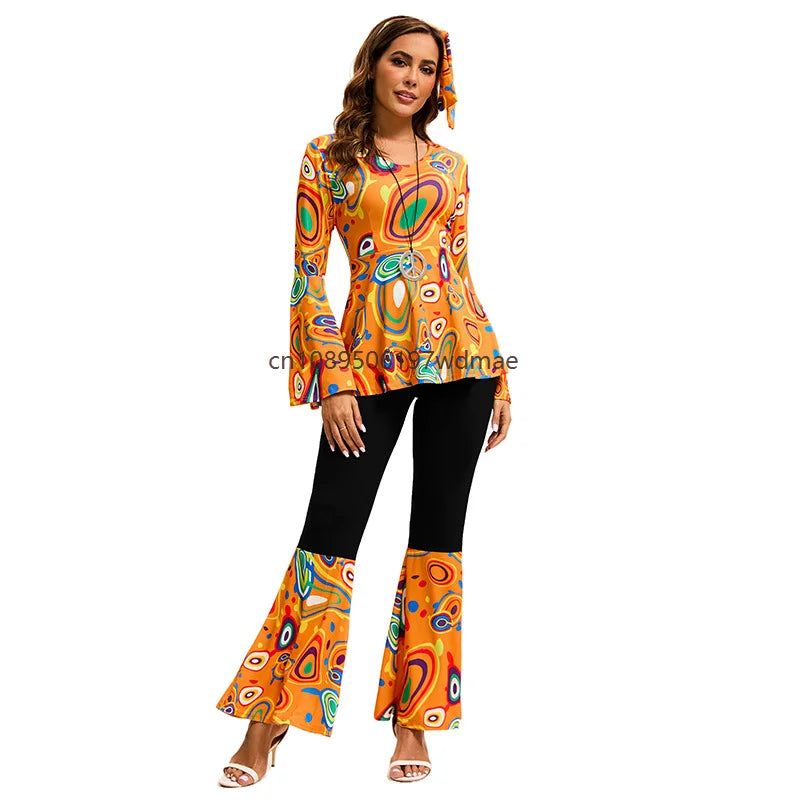 Women's Disco Multi-color Print Costume Hippie Cosplay Performance Clothes with Headband Set Female Dance - product image 4