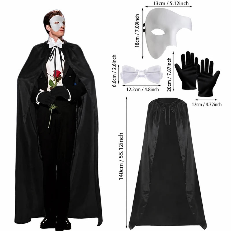 Halloween Masquerade Phantom Costume Kit, Black Long Cape Half Mask Bow Tie Gloves Adult Men Opera Ghost - product image 1