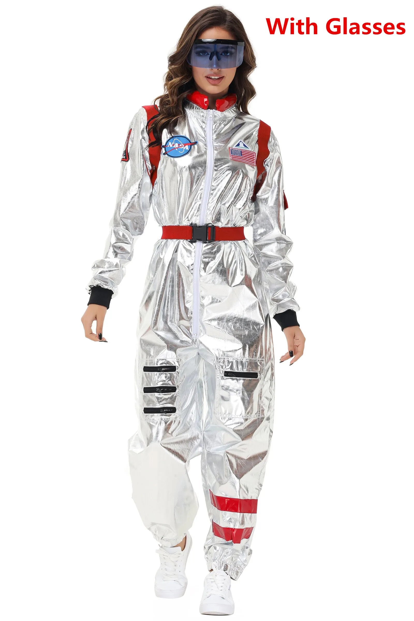 Adult Silver Astronaut Costume Men Women Spaceman Suit Space Jumpsuit Halloween Costume - Yellow Women-A / L