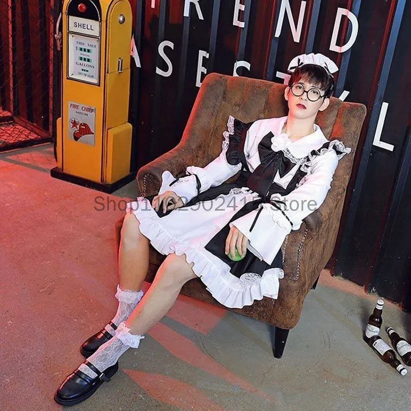 Halloween Maid Outfit Lolita Costume Cute Sexy Erotic Kawaii Cafe Costume Black White Men - female / XL