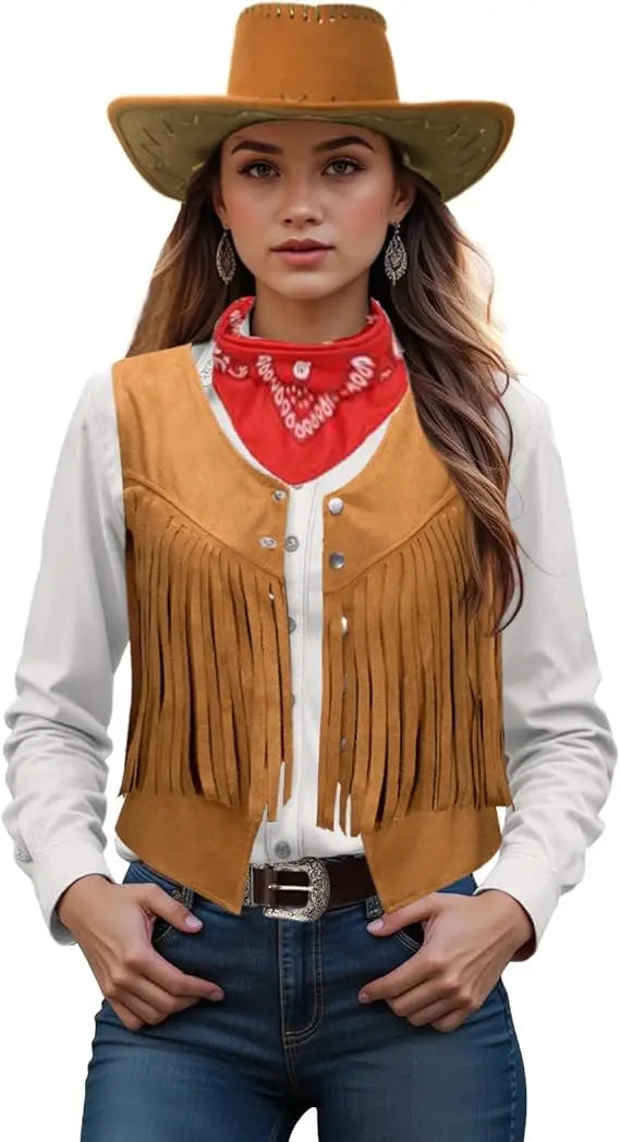 Women Men Cowgirl Costume Western Vest Hat Belt Bandana Set for Cowboy Tassels