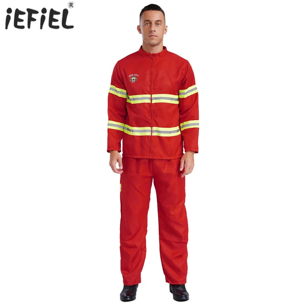 Adults Men's Firefighter Costume Halloween Set Cosplay Fire Captain Work Uniform Outfit - Red / 170