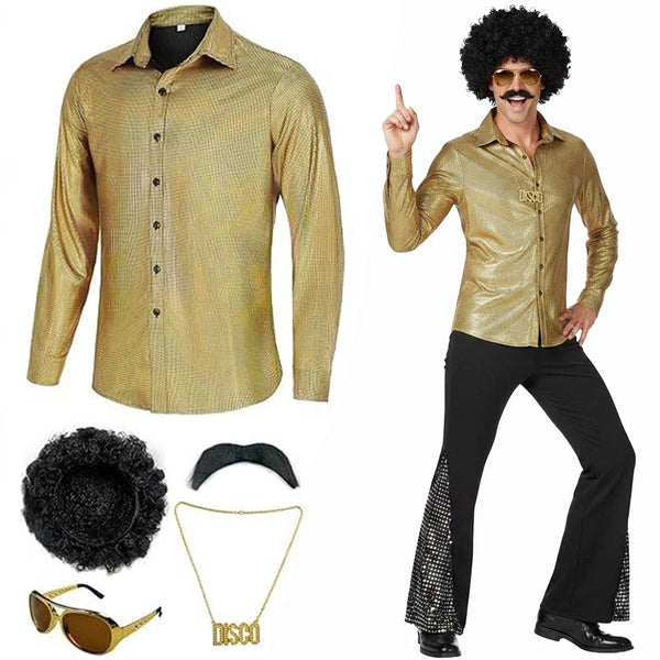 6Pcs Men Disco Costume Set 1970S Retro Suit with Big Hair Sunglasses Mustache and Necklace Halloween Costume - product image 1