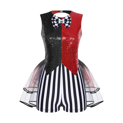 Women's Mad Circus Clown Costume Jumpsuit Sequin and Striped Checker Bowtie Tiered Tulle - Purple / S
