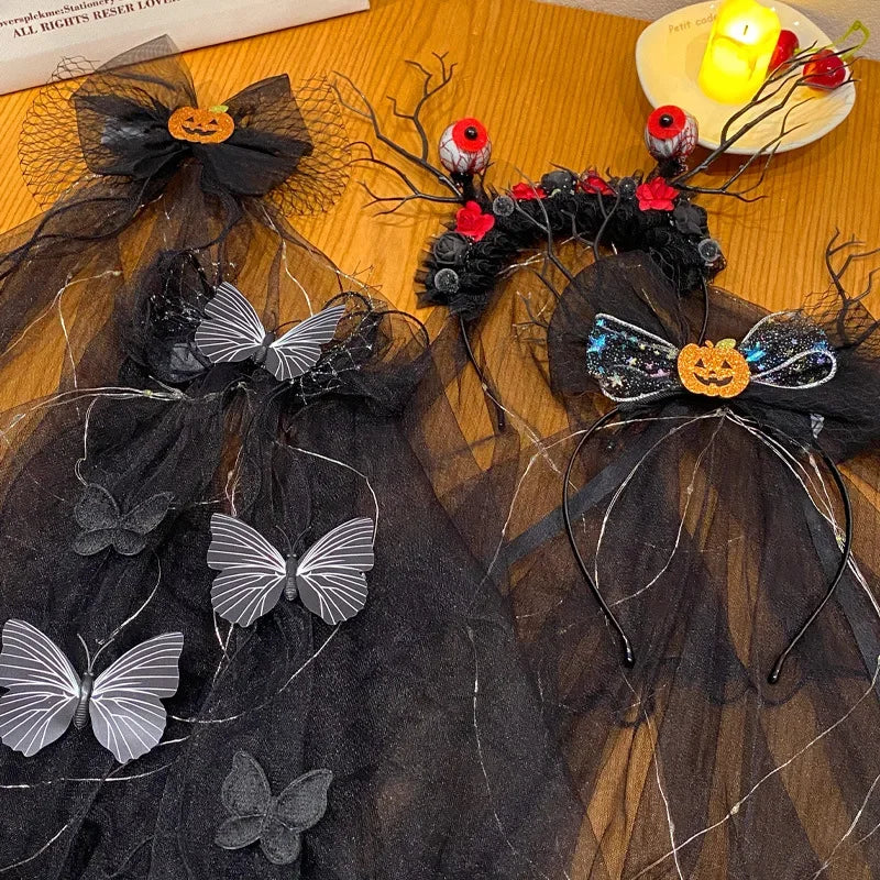 Light Up Black Halloween Veil Headband Women Girl Day of The Dead Butterfly - product image 4