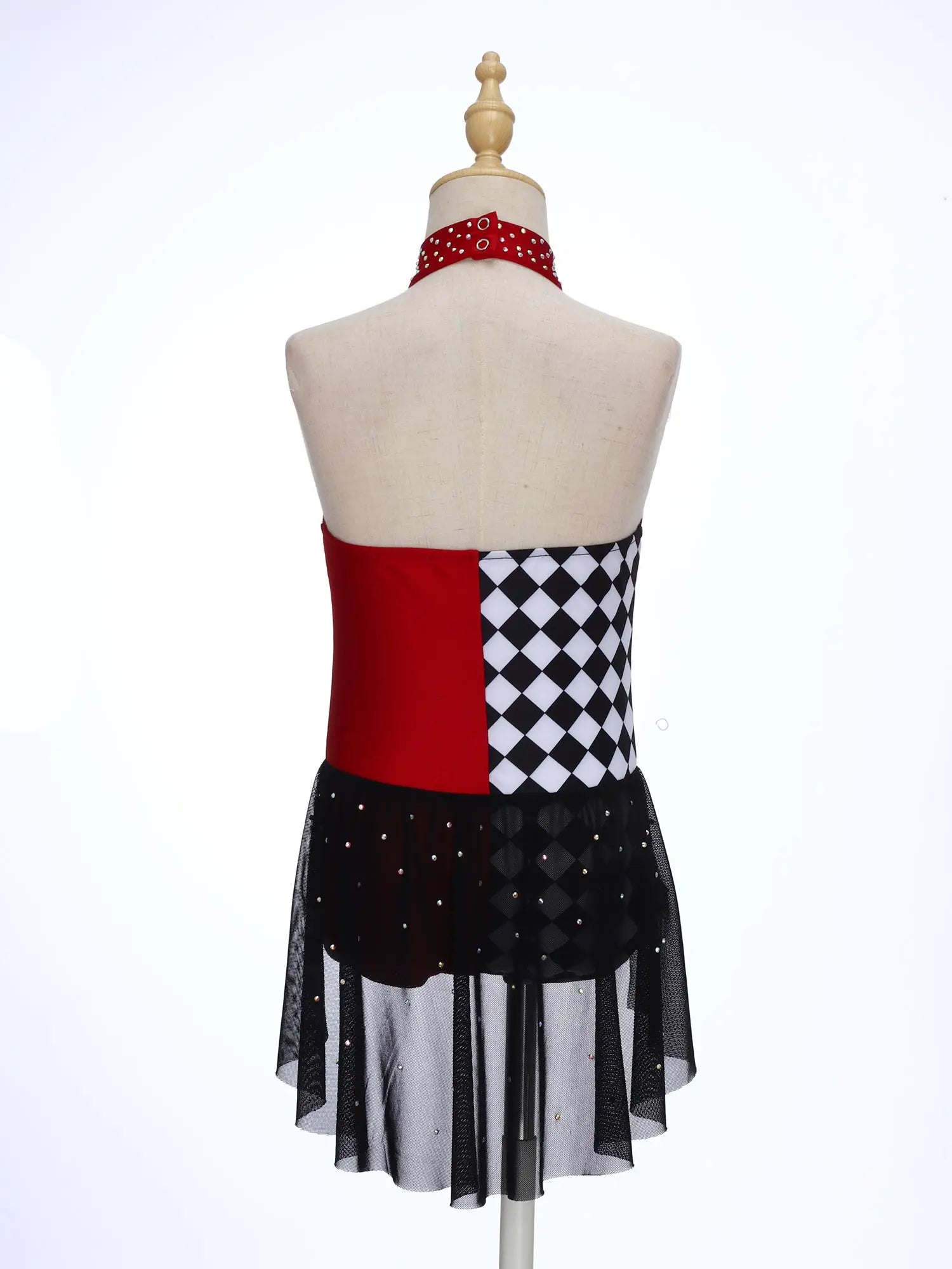 Girls Circus Clown Performance Costume Halloween Plaid Halter Sleeveless Dance Leotard - 10 / Black Red