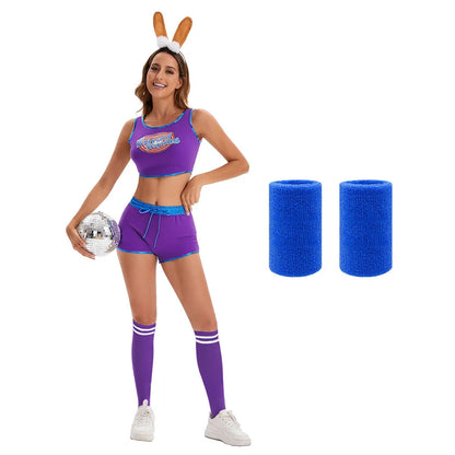 Cute Bunny Squad Cheerleading Costume Set Print Trim Edge Crop Tank Top & Elastic Waist Shorts for Halloween Club Party Cosplay