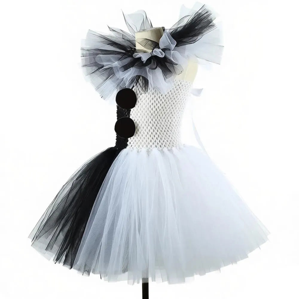 Girls Halloween Clown Costume Dress Kids Black White Scary Clown Dress with Hat Socks - Clown Suit 1 / 12M