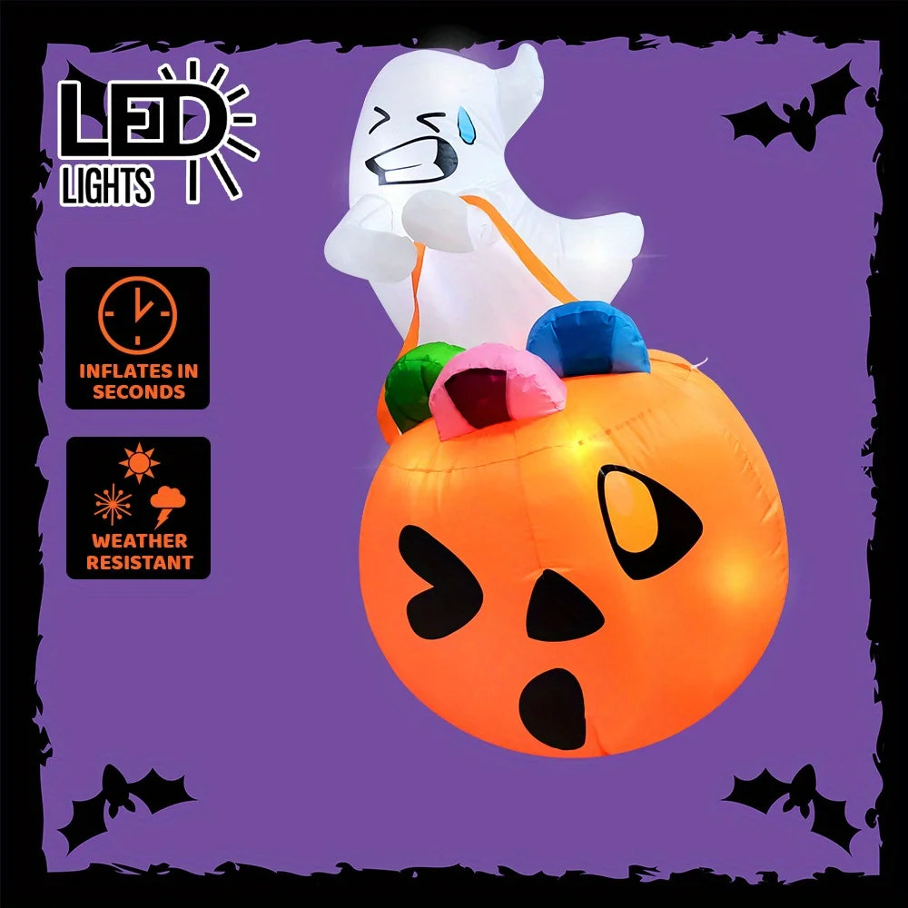 5 Ft Inflatable Ghost Halloween Decoration with LED Lights & Pumpkin Candy Bag