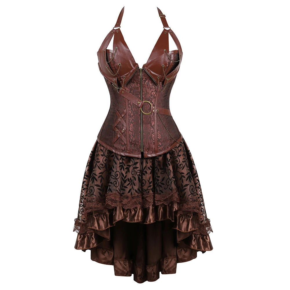 Steampunk Corset Dress Brown Pirate Costume Woman Skirt Plus Size Gothic Underbust