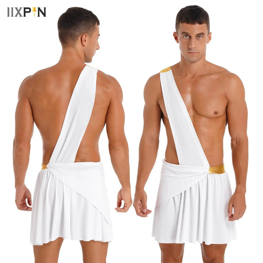 Men's Ancient Greek Warrior One Shoulder Strap Contrast Color Ruffle Skirt Costume