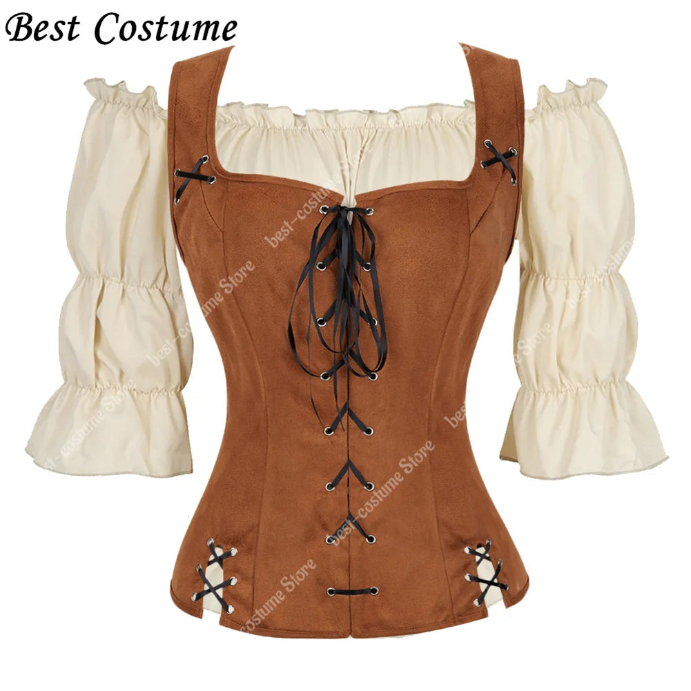 Pirate Costume Women Medieval Vest Costume Plus Size Medieval Blouse Tops 2 Pieces
