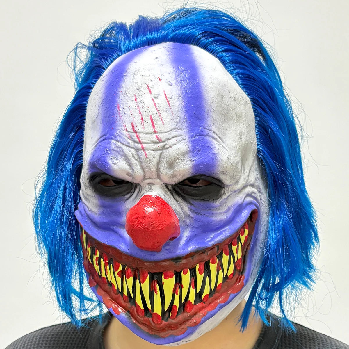 Scary Evil Clown Latex Mask With Blue Wig, Sharp Fangs Horror Mask, - view 3
