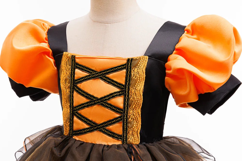 Girls Halloween Witch Costume Puff Sleeve Orange Black Layer Tulle Tutu Dress Kids Pumpkin Cosplay Outfit - product image 3