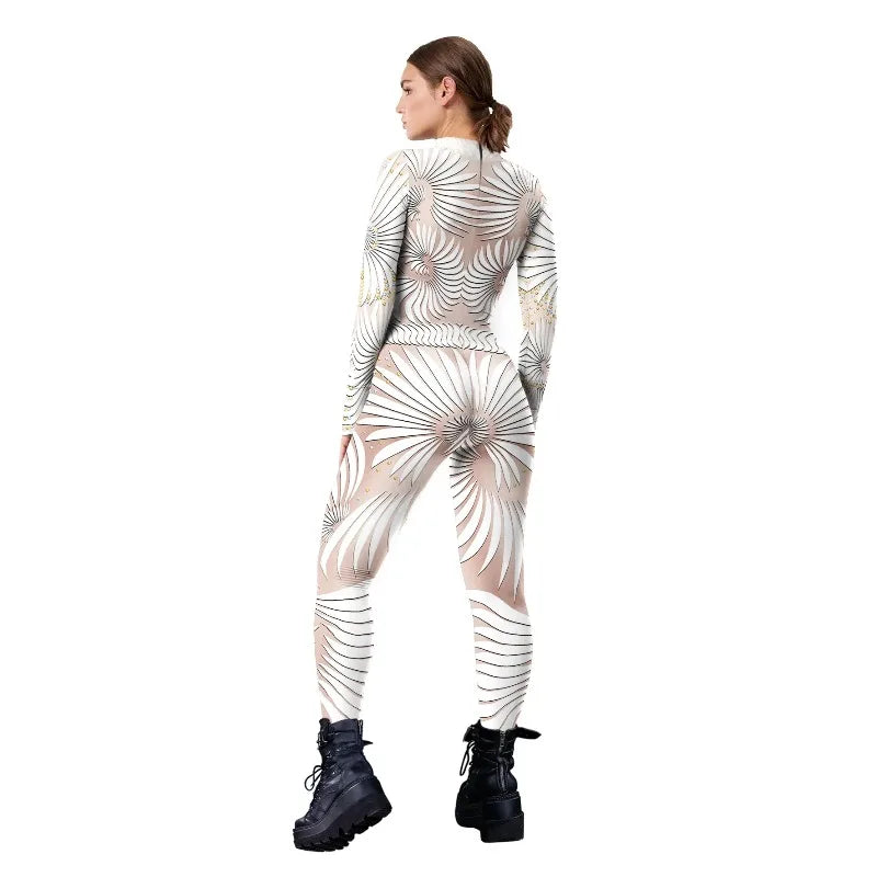Halloween Costume Shiny Sexy Lace Sequins Pattern 3D Printed Slim Bodysuit Theme Jumpsuit for Women