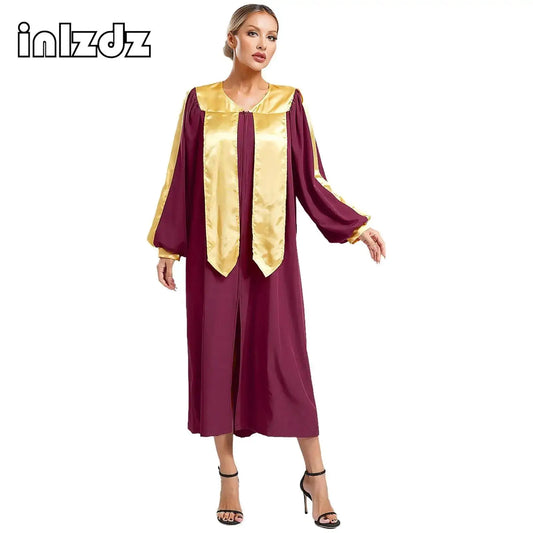 Adult Choir Robe V-neck Long Sleeve Color Block Zipper Split Front Gown Costume