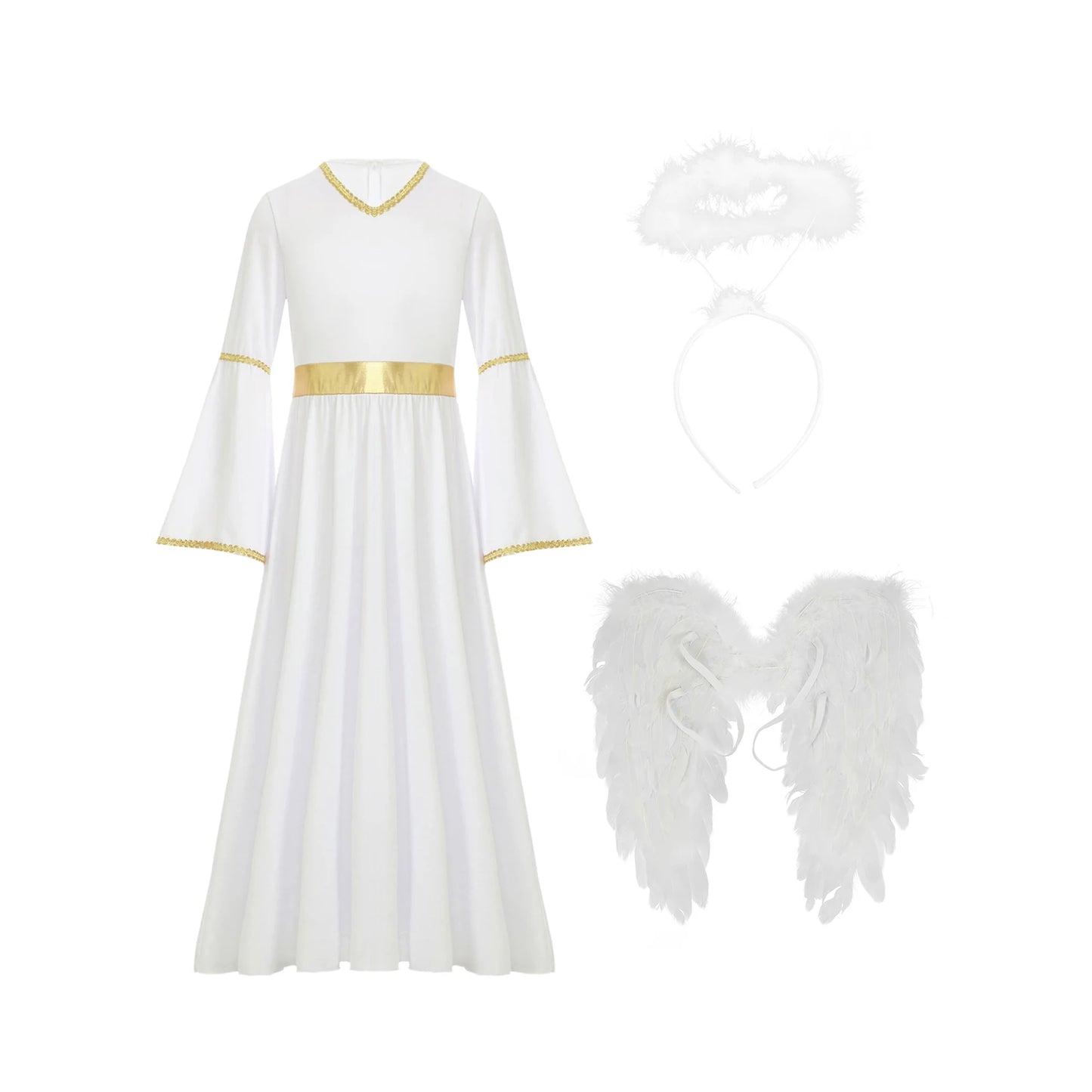 Girls Angel Costume Halloween Greek Goddesses Theme Dress Up Gold Trim Gown Dress Hairband - Red White / 8