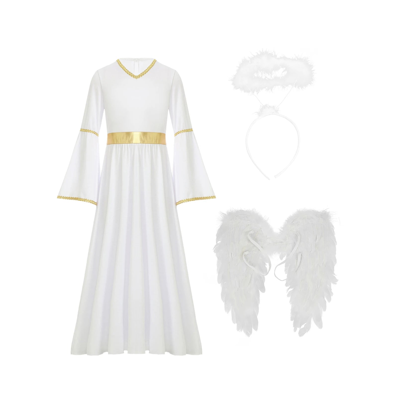 Girls Angel Costume Halloween Greek Goddesses Theme Dress Up Gold Trim Gown Dress Hairband - Red White / 8
