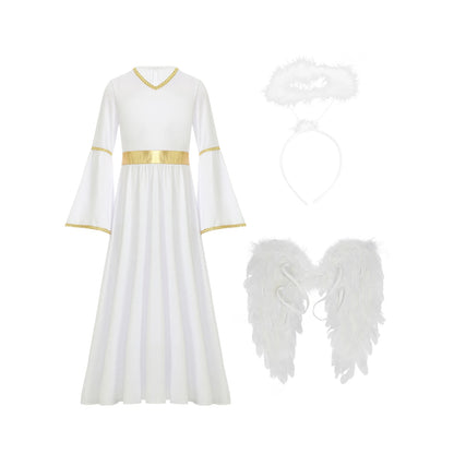 Girls Angel Costume Halloween Greek Goddesses Theme Dress Up Gold Trim Gown Dress Hairband - Red White / 8