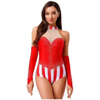 Halloween Women Circus Ringmaster Master Costume Bodysuit with Gloves Sleeveless Patchwork - Red / M