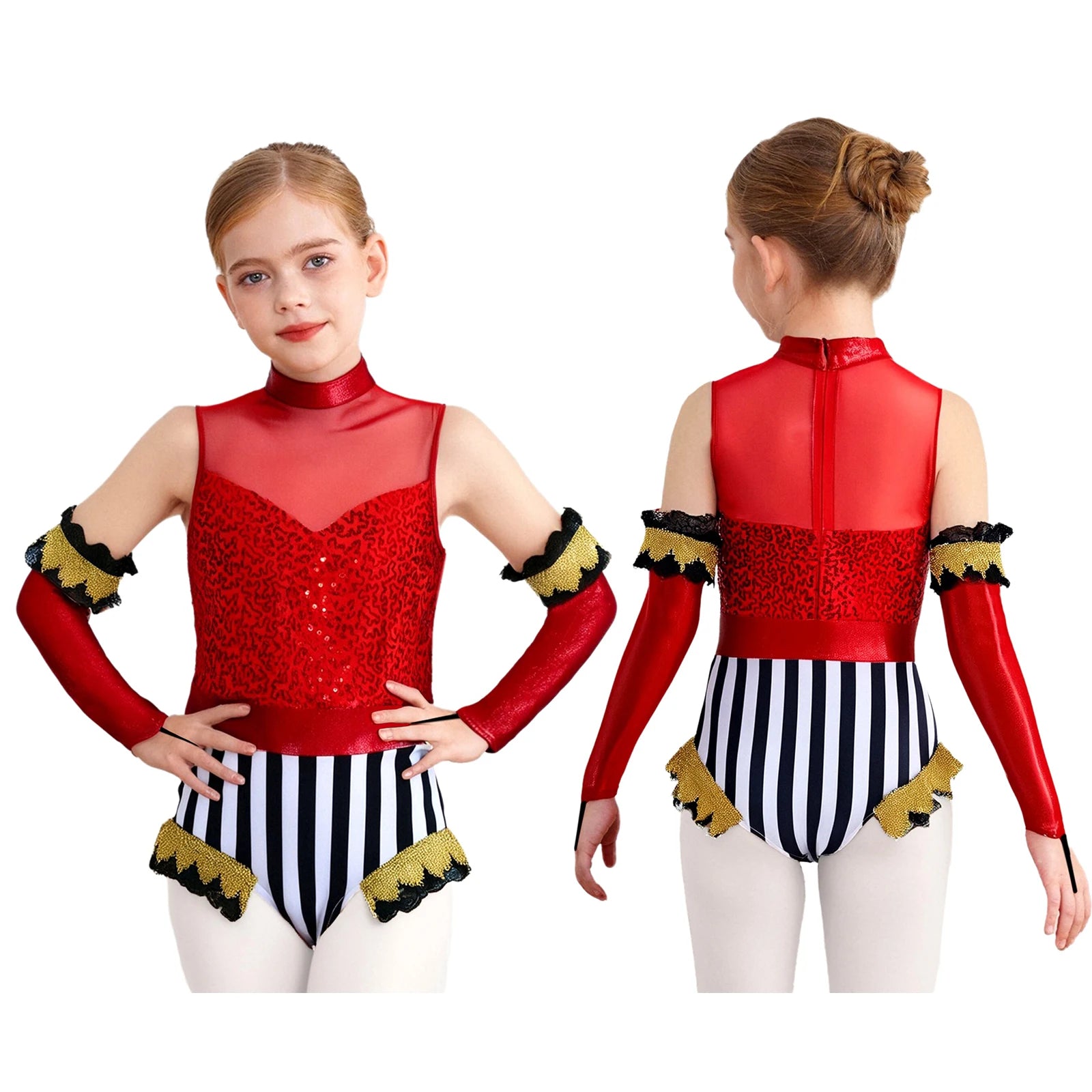 Girls Halloween Circus Ringmaster Clown Costume Sleeveless Sequin Mesh Dance Leotard with - Red / 8