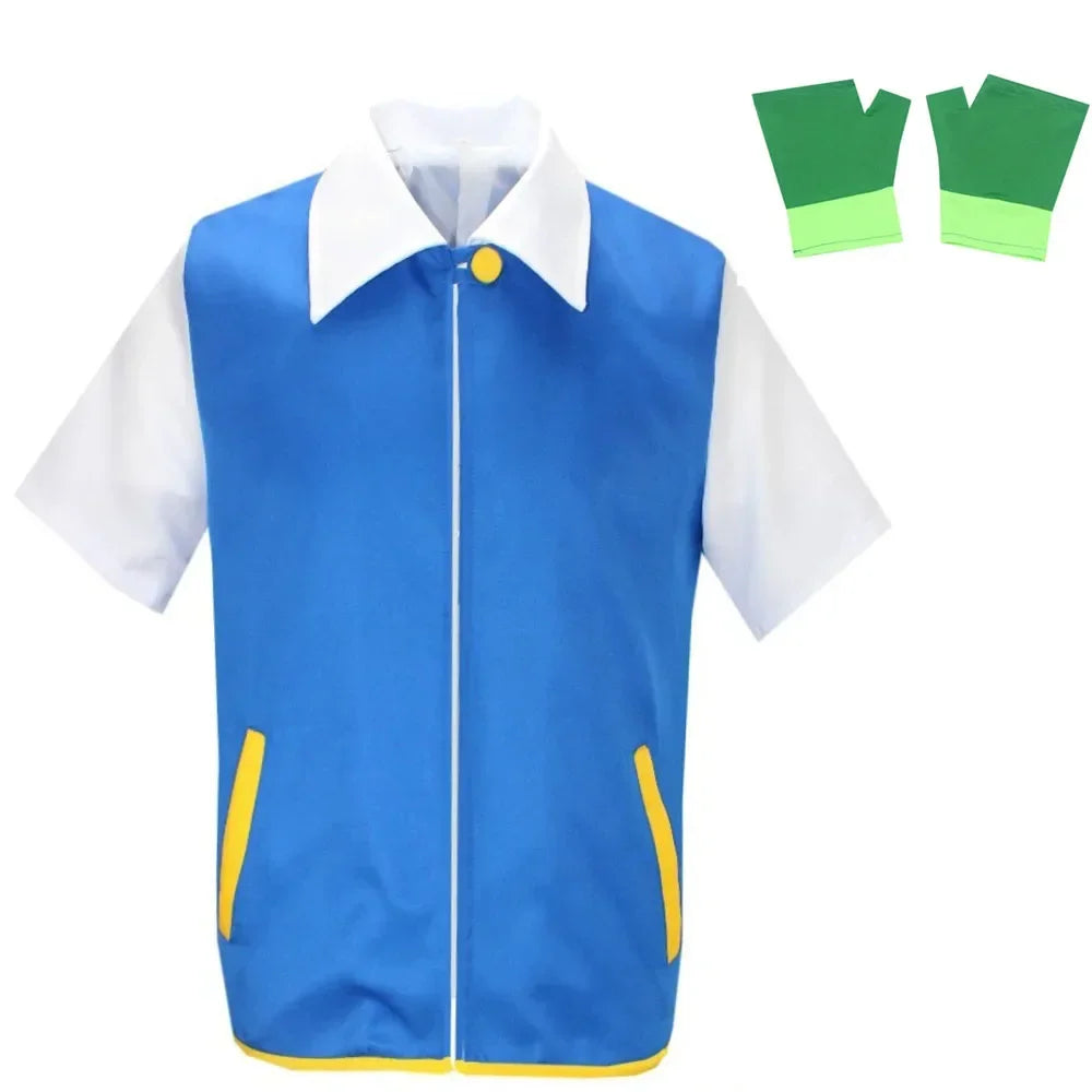 Adult Ash Ketchum Costume for Halloween Men Anime Trainer Costume Women Blue Jacket Cap - top hat / S