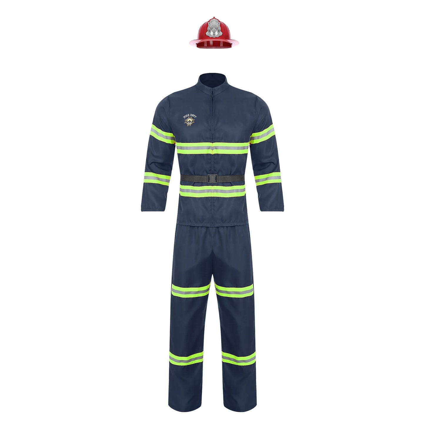Men's Firefighter Firefighting Heroes Halloween Costume Plastic Helmet Sleeve Fireman - Navy Blue / 160