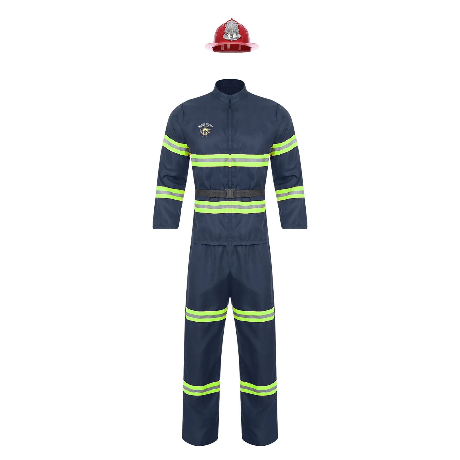 Men's Firefighter Firefighting Heroes Halloween Costume Plastic Helmet Sleeve Fireman - Navy Blue / 160