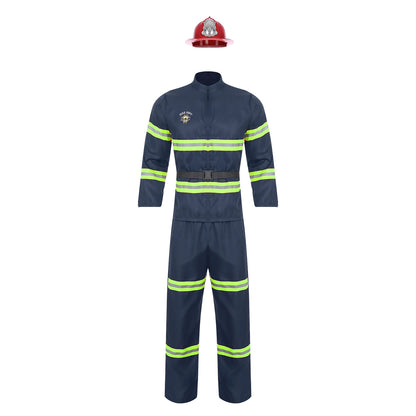 Men's Firefighter Firefighting Heroes Halloween Costume Plastic Helmet Sleeve Fireman - Navy Blue / 160