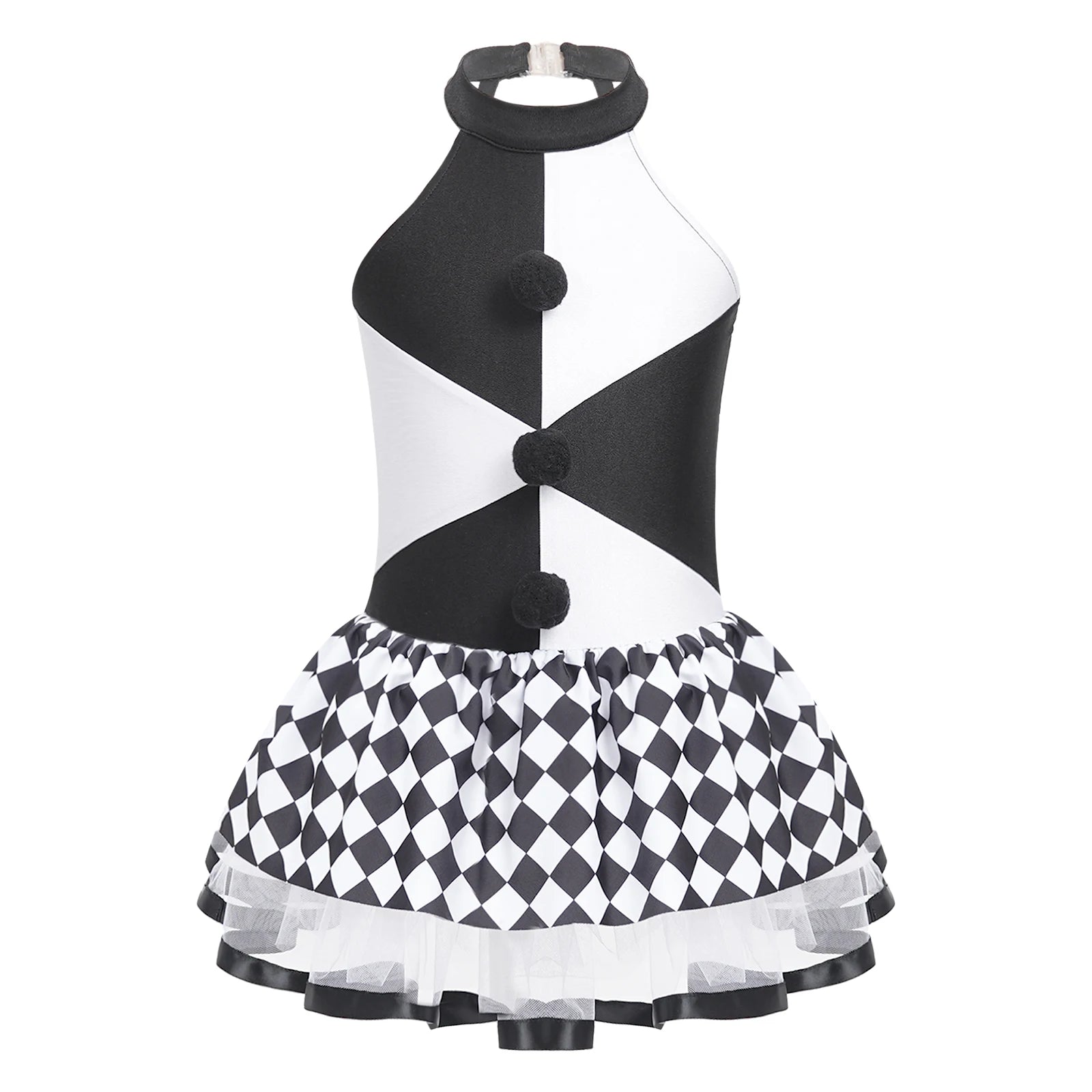 Girls Circus Clown Joker Costume Halloween Costume Black White Grid Pompoms Leotard Tutu - Black B / 8