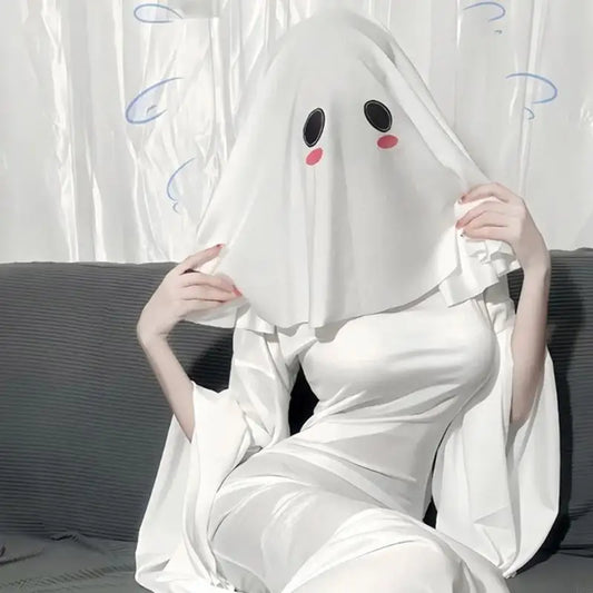 Ghostly Hooded Halloween Costume Accessory with 42cm Flowing Design and Breathable - White / China Mainland